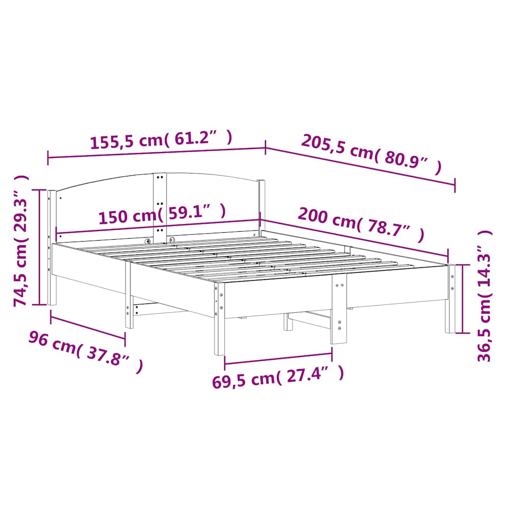 Bed Frame without Mattress White 150x200 cm King Size Solid Wood Pine