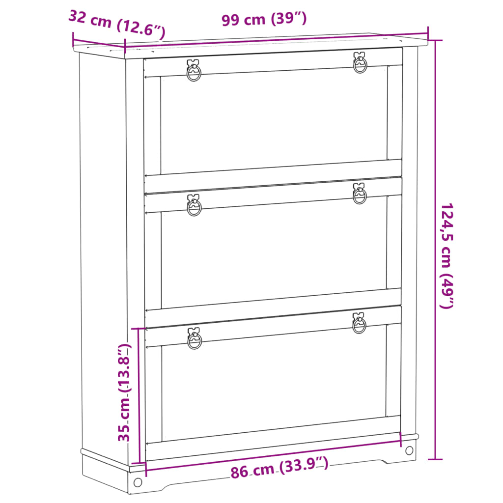 Shoe Cabinet "Corona" 99x32x124,5 cm Solid Wood Pine