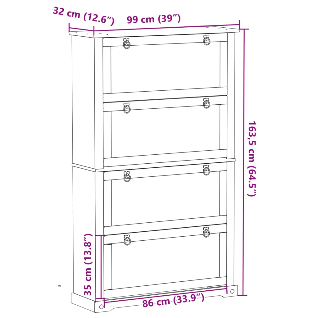 Shoe Cabinet "Corona" 99x32x163,5 cm Solid Wood Pine