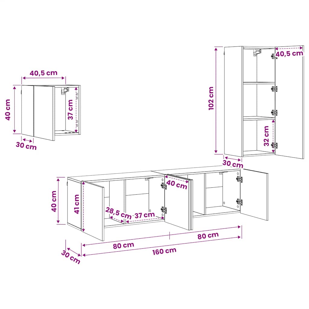 4 Piece TV Wall Units Smoked Oak Engineered Wood