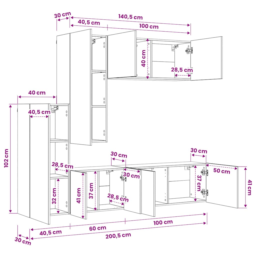5 Piece TV Wall Units Smoked Oak Engineered Wood