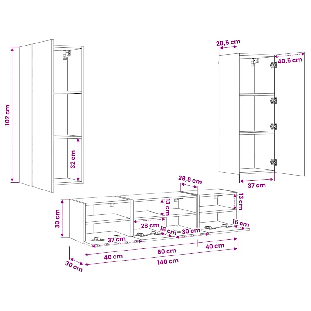 5 Piece TV Wall Units Smoked Oak Engineered Wood
