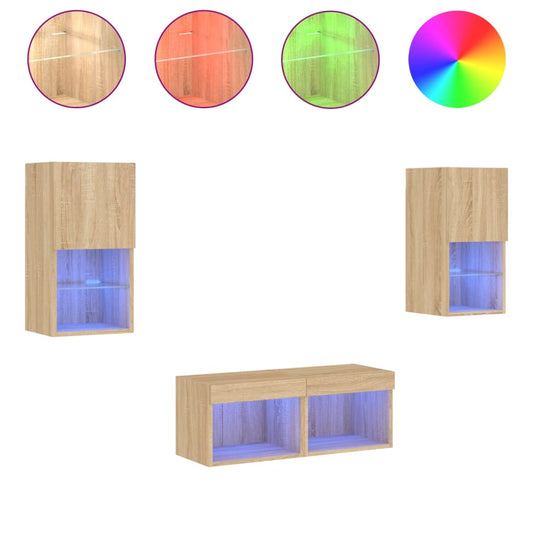 4 Piece TV Wall Cabinets with LED Lights Sonoma Oak