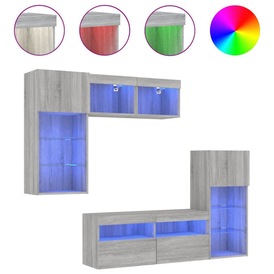 5 Piece TV Wall Units with LED Grey Sonoma Engineered Wood