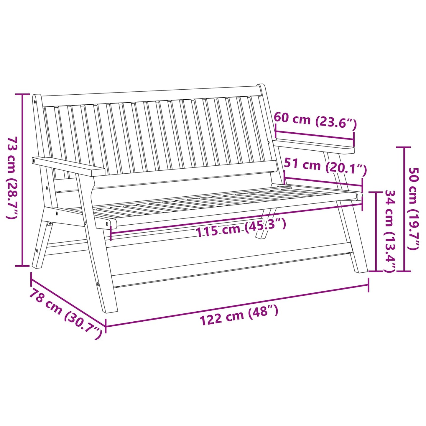 Relax Bench Brown 122 x 78 x 73 cm Solid Acacia Wood