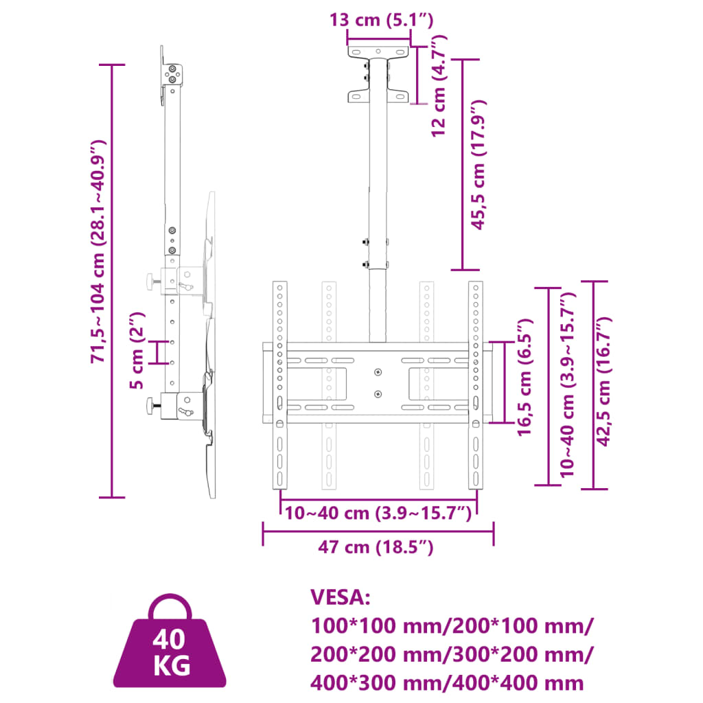 TV Ceiling Mount for 32-65 Inch Screen Max VESA 400x400 mm 40kg