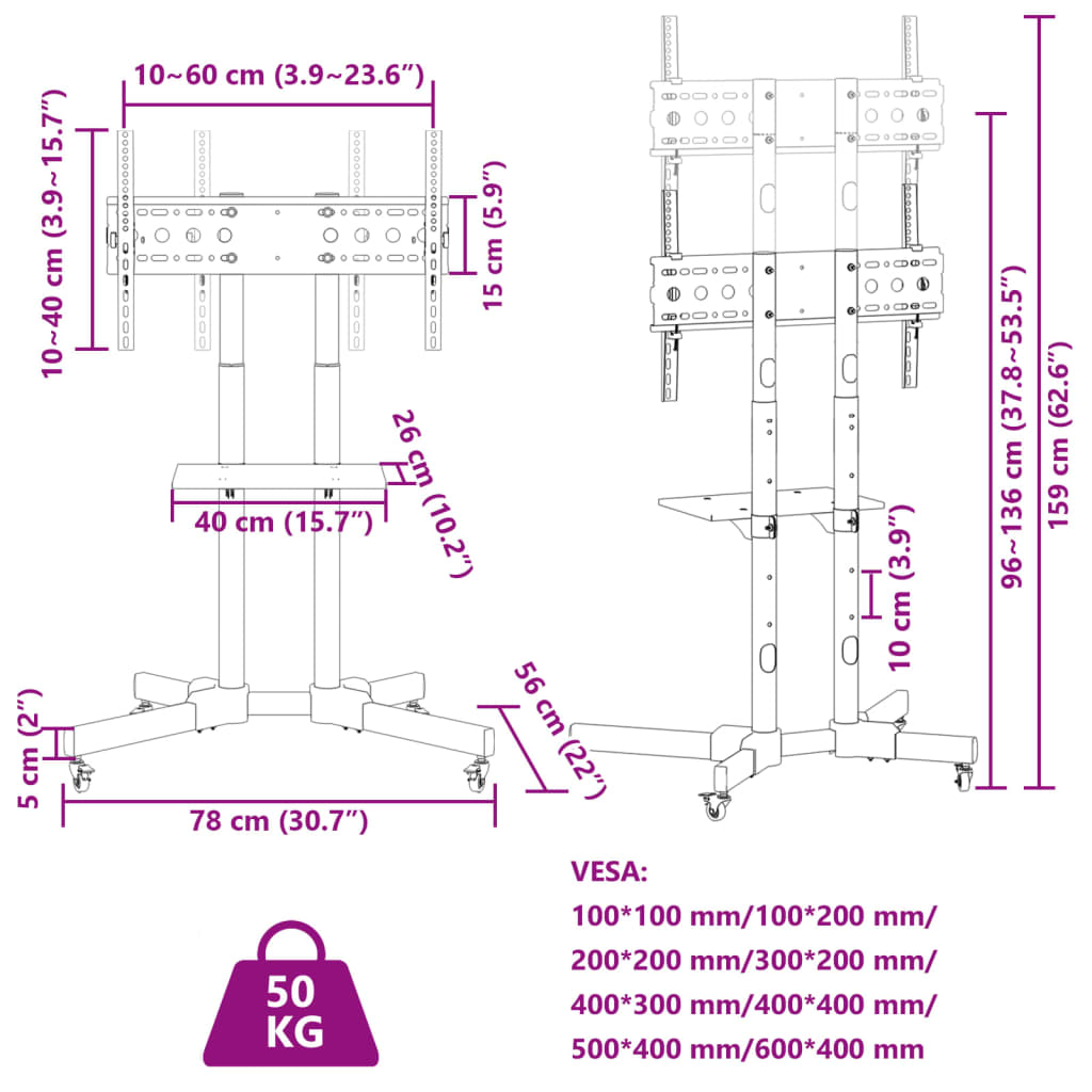 TV Stand on Wheels 32-70 Inch Screen Max VESA 600x400 mm 50kg