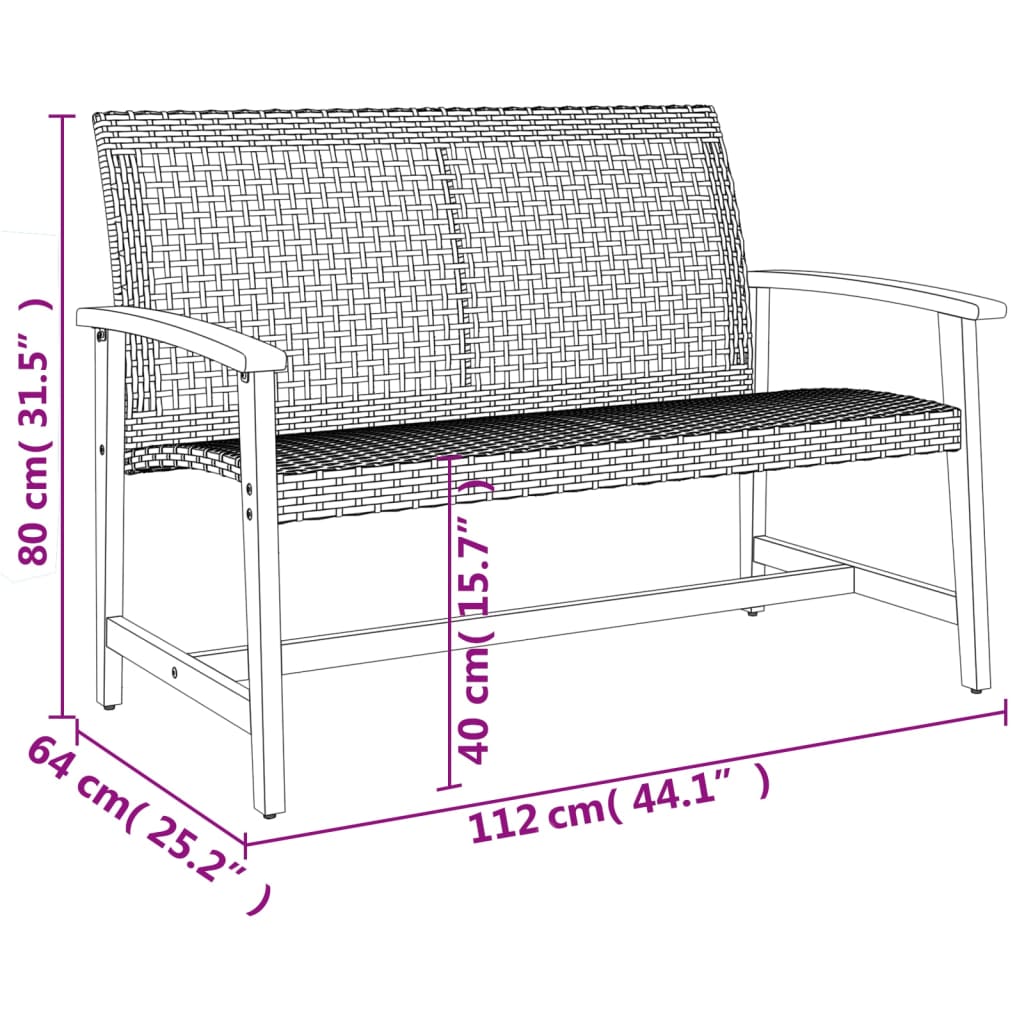 Garden Bench Grey 112 cm Poly Rattan and Acacia Wood