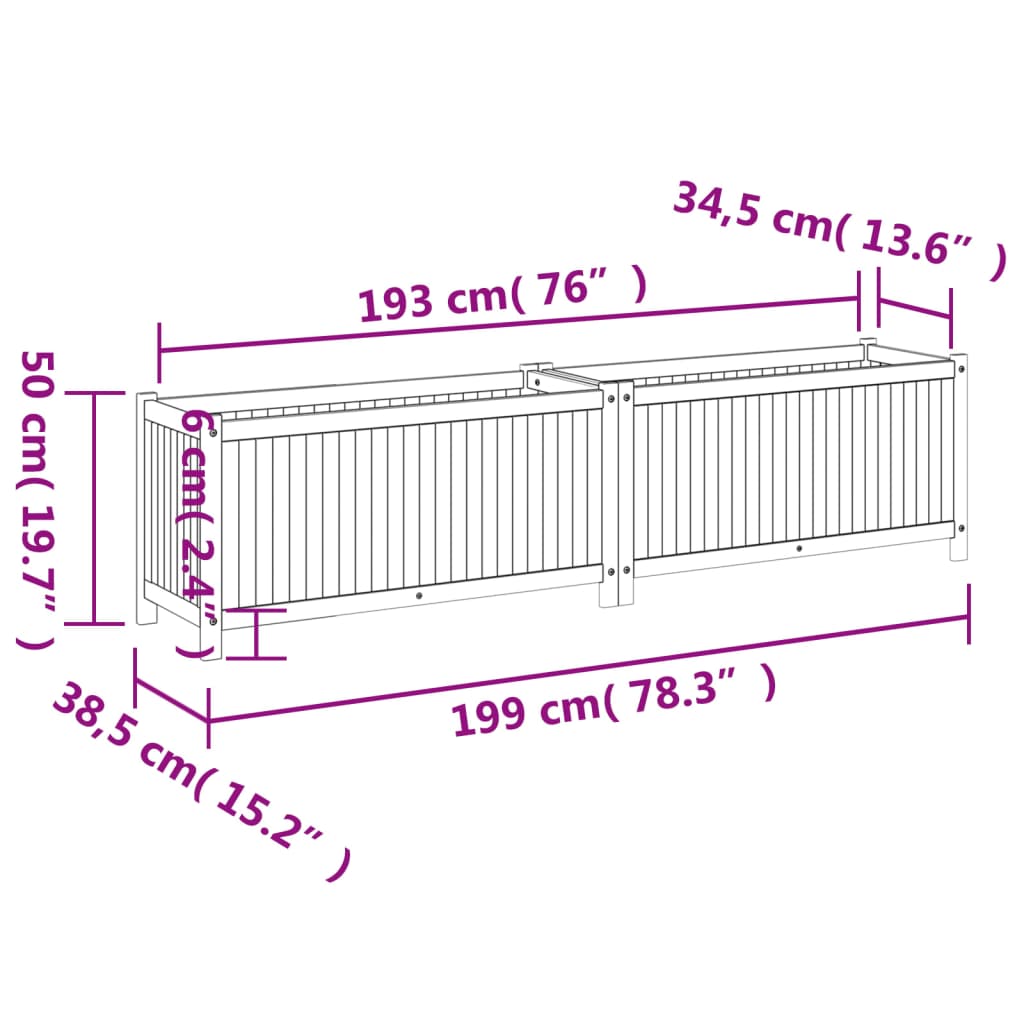 Garden Planter with Liner 199x38.5x50 cm Solid Wood Acacia