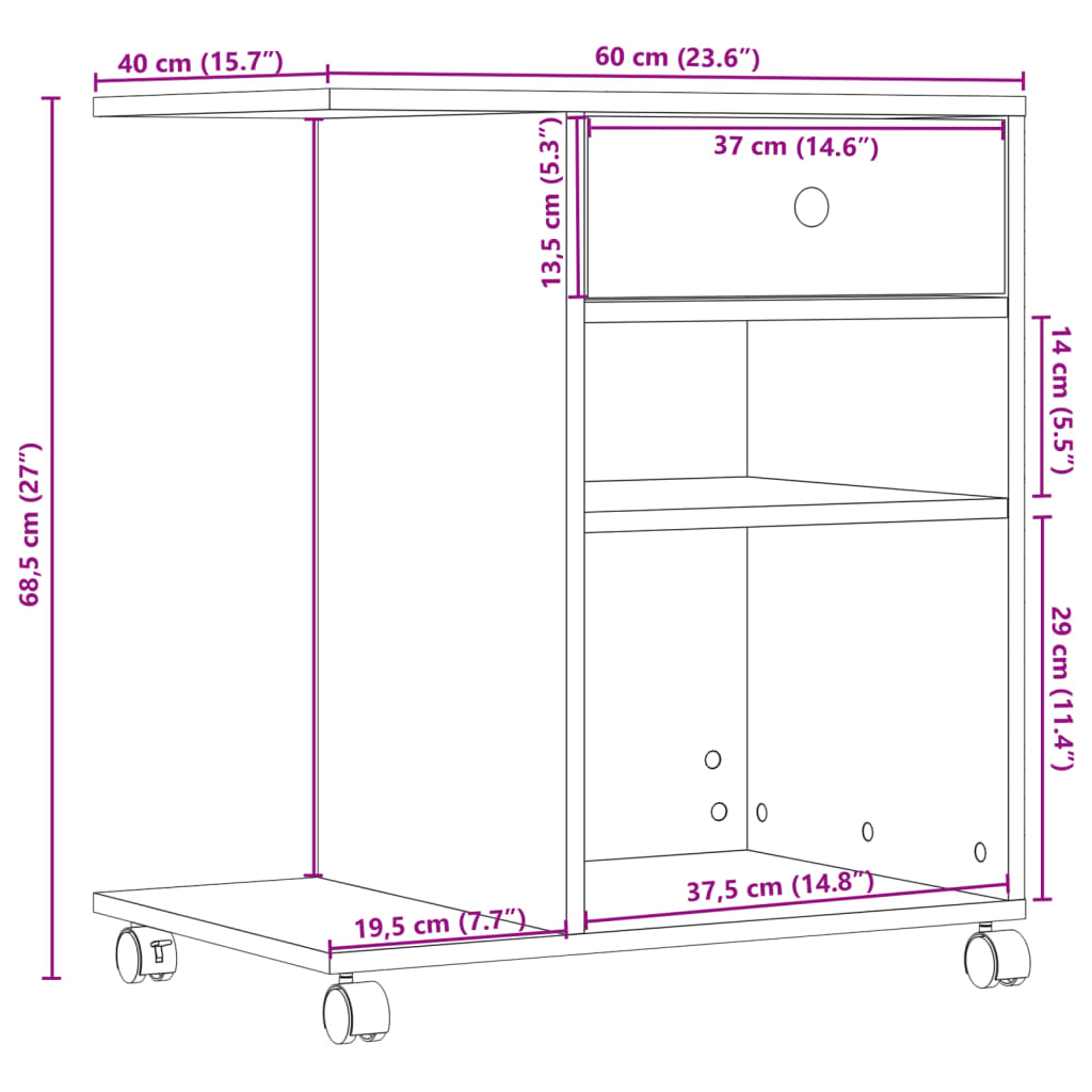 Printer Stand with Wheels Smoked Oak 60x40x68.5 cm