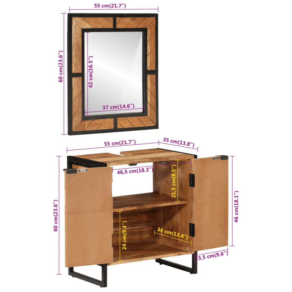 2 Piece Bathroom Furniture Set Iron and Solid Wood Acacia