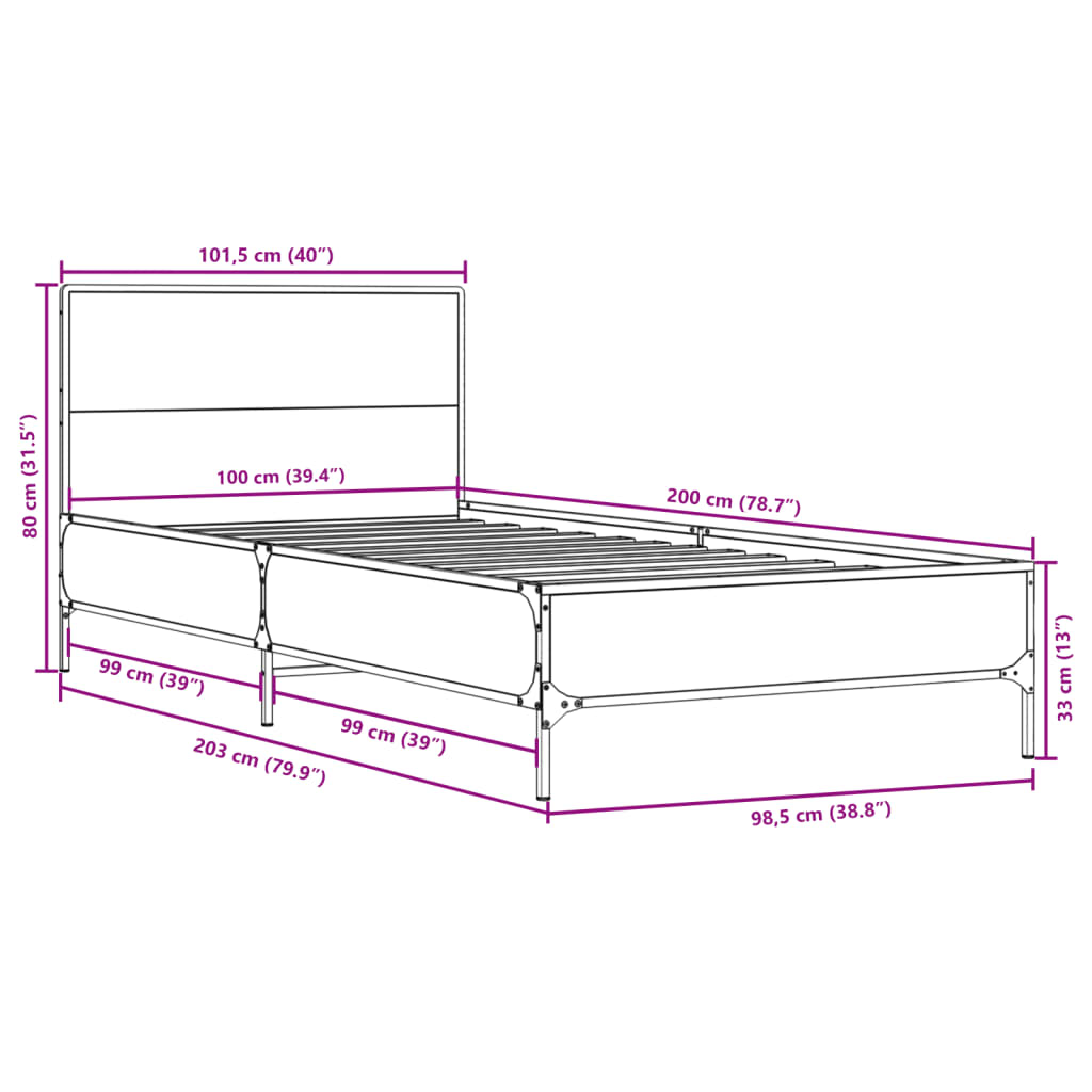 Bed Frame without Mattress Grey Sonoma 100x200 cm
