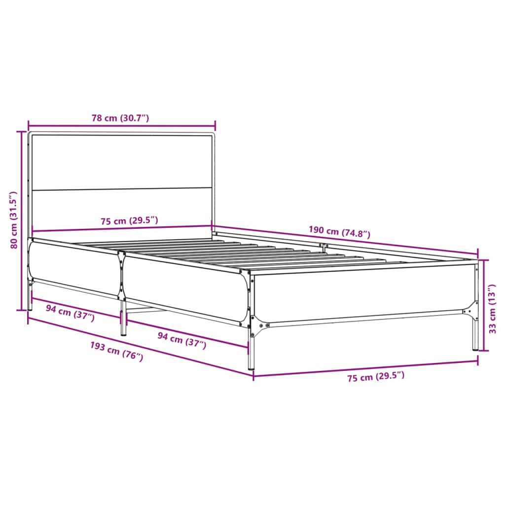 Bed Frame without Mattress Brown Oak 75x190 cm Small Single