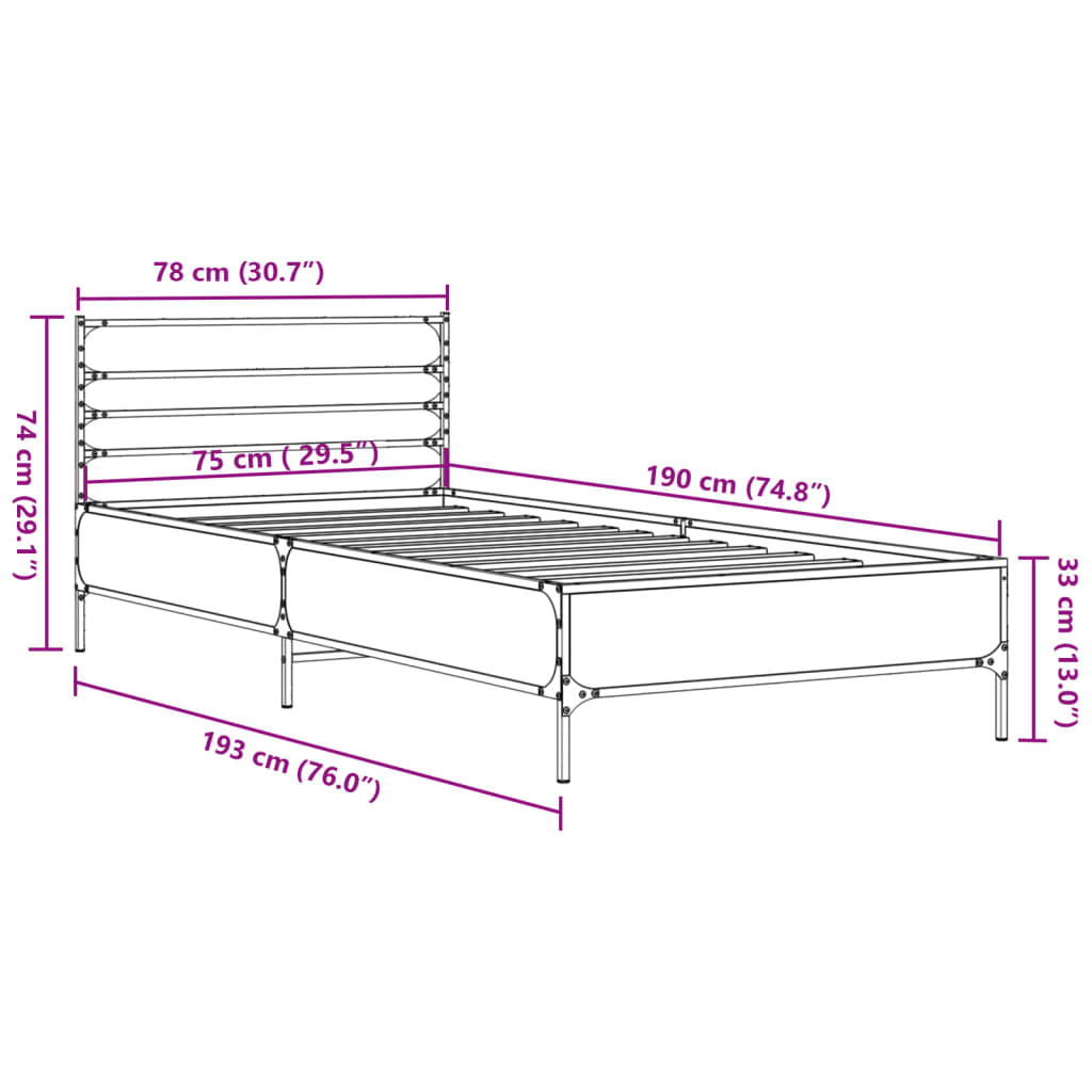 Bed Frame | Brown Oak | Engineered wood, Metal | Small Single | Durable