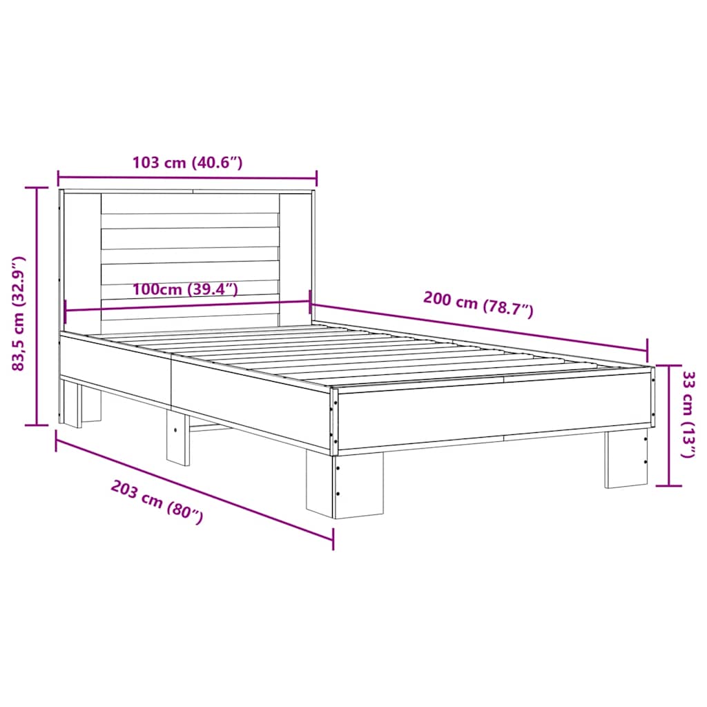 Bed Frame without Mattress Grey Sonoma 100x200 cm