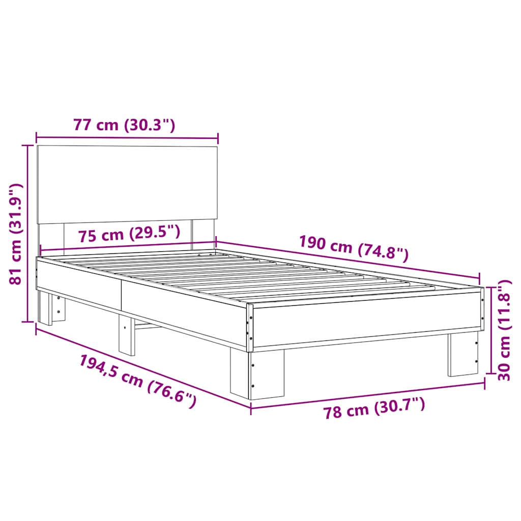 Bed Frame without Mattress Smoked Oak 75x190 cm Small Single