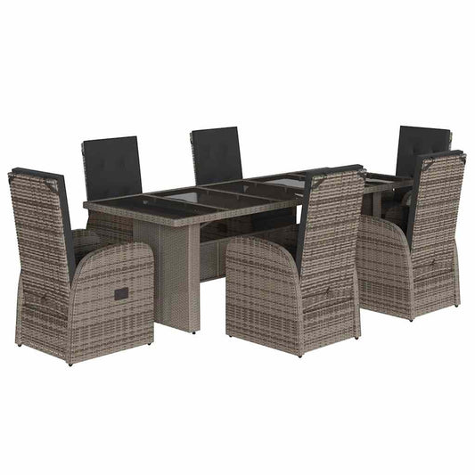 7 Piece Garden Dining Set with Cushions Grey Poly Rattan