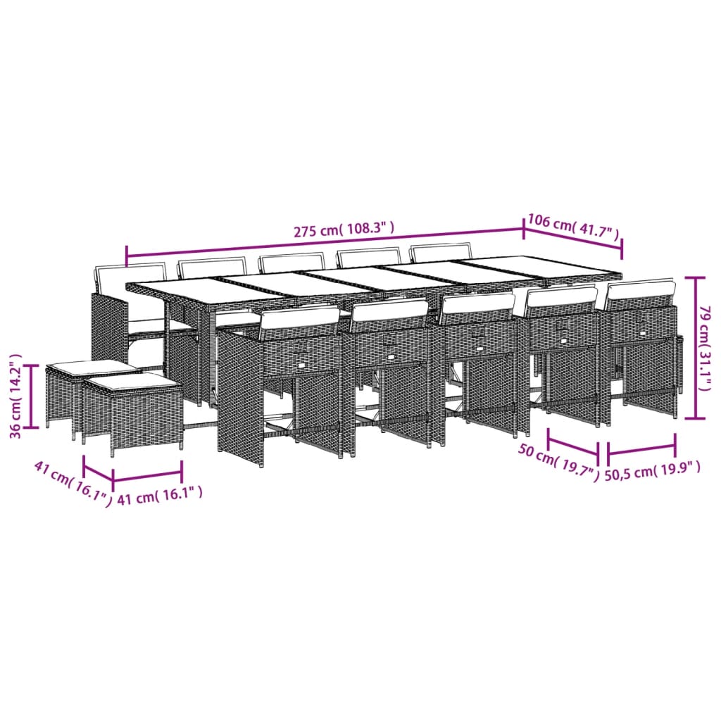 15 Piece Patio Dining Set with Cushions Gray Poly Rattan
