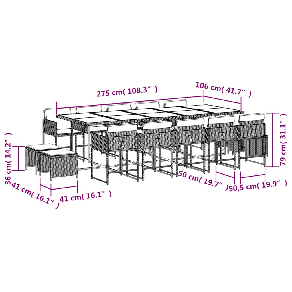 15 Piece Garden Dining Set with Cushions Grey Poly Rattan