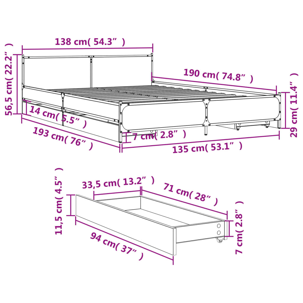 Bed Frame with Drawers without Mattress Grey Sonoma 135x190 cm Double