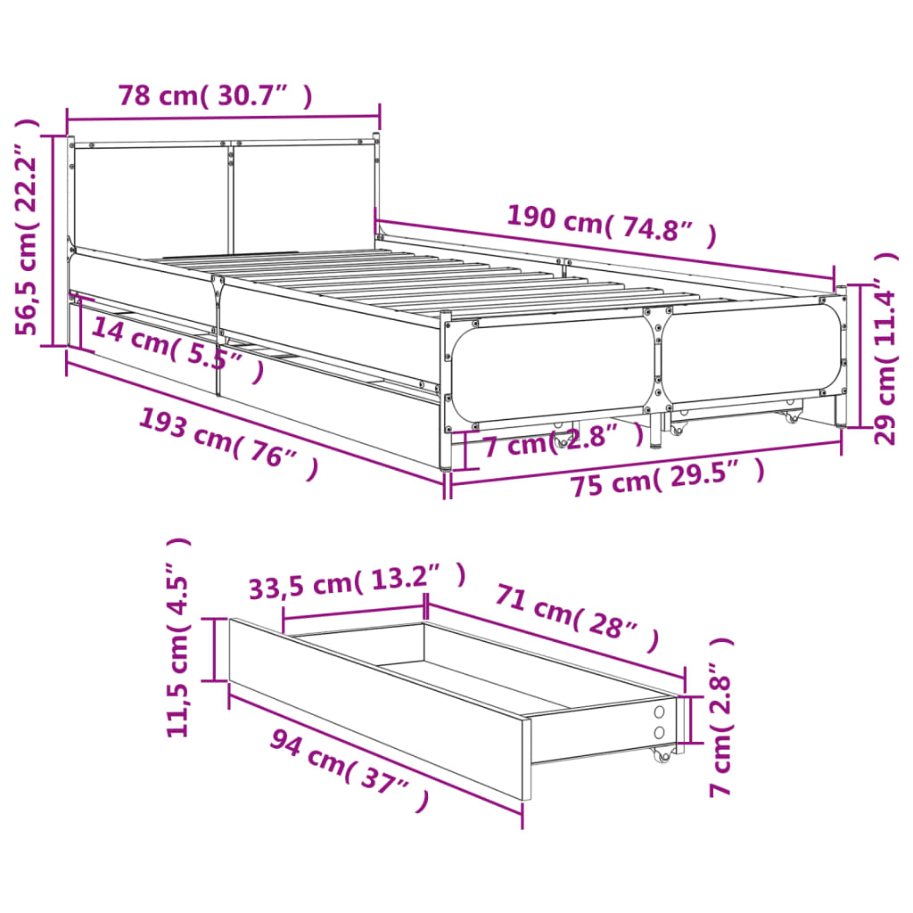 Bed Frame with Drawers without Mattress Black 75x190 cm Small Single
