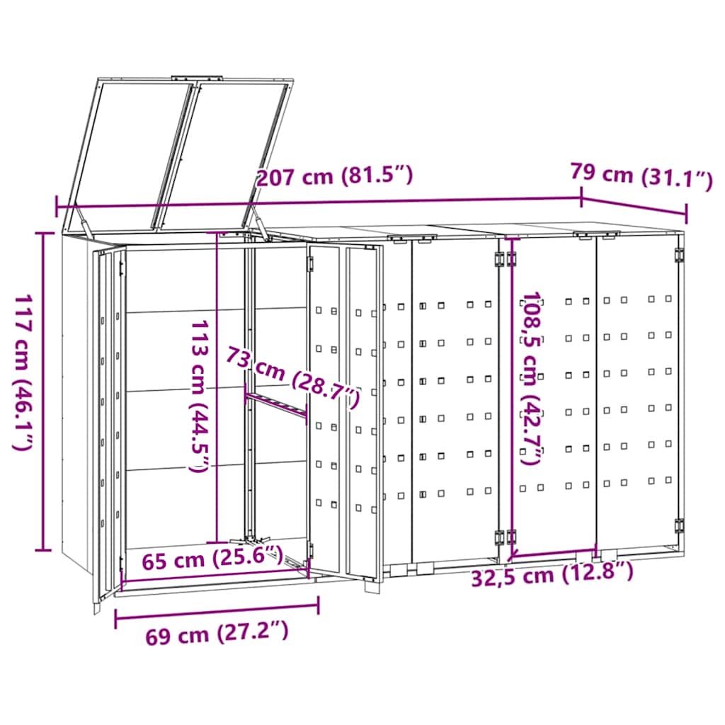 Wheelie Bin Storage for 3 Bins Anthracite 207x79x117 cm Steel