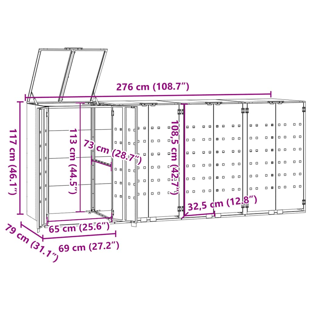 Wheelie Bin Storage for 4 Bins Grey 276x79x117 cm Steel