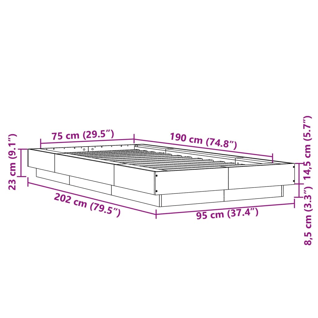 Bed Frame without Mattress Grey Sonoma 75x190 cm Small Single
