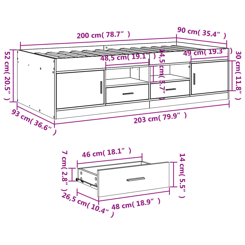 Daybed with Drawers without Mattress Concrete Grey 90x200 cm