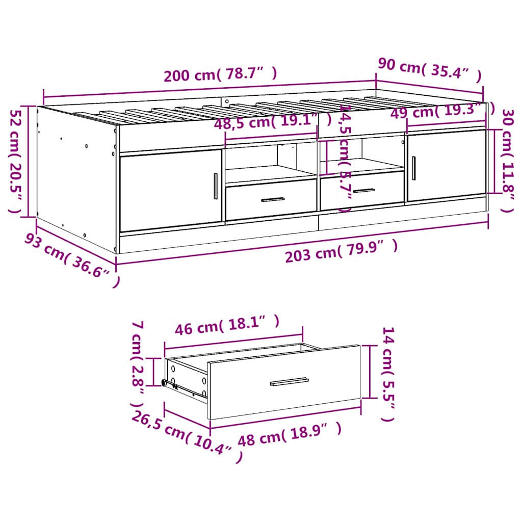 Daybed with Drawers without Mattress Smoked Oak 90x200 cm