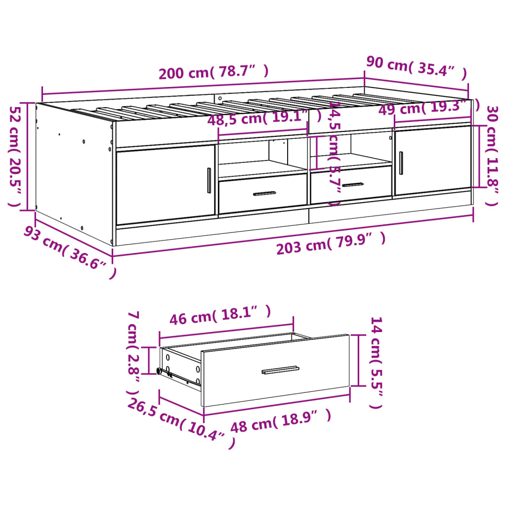 Daybed with Drawers without Mattress Grey Sonoma 90x200 cm