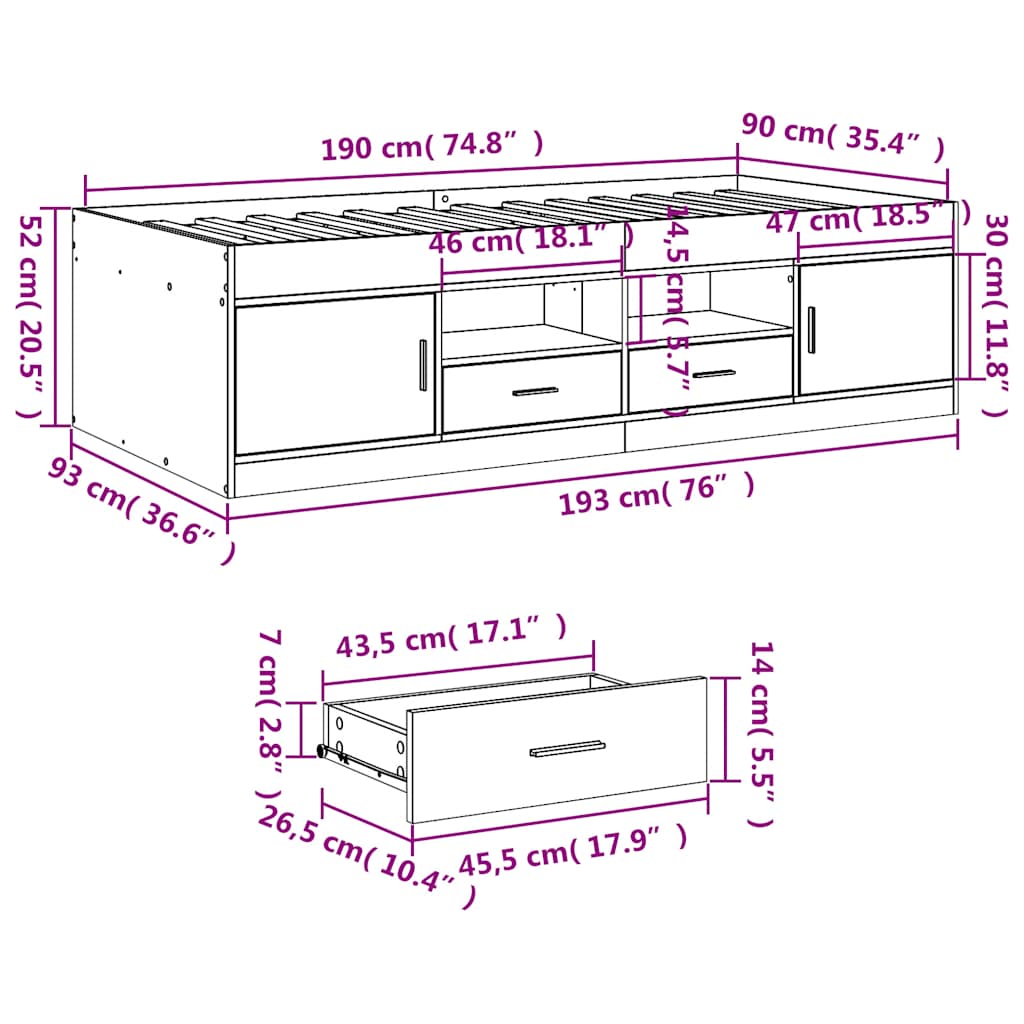 Daybed with Drawers without Mattress Sonoma Oak 90x190 cm Single