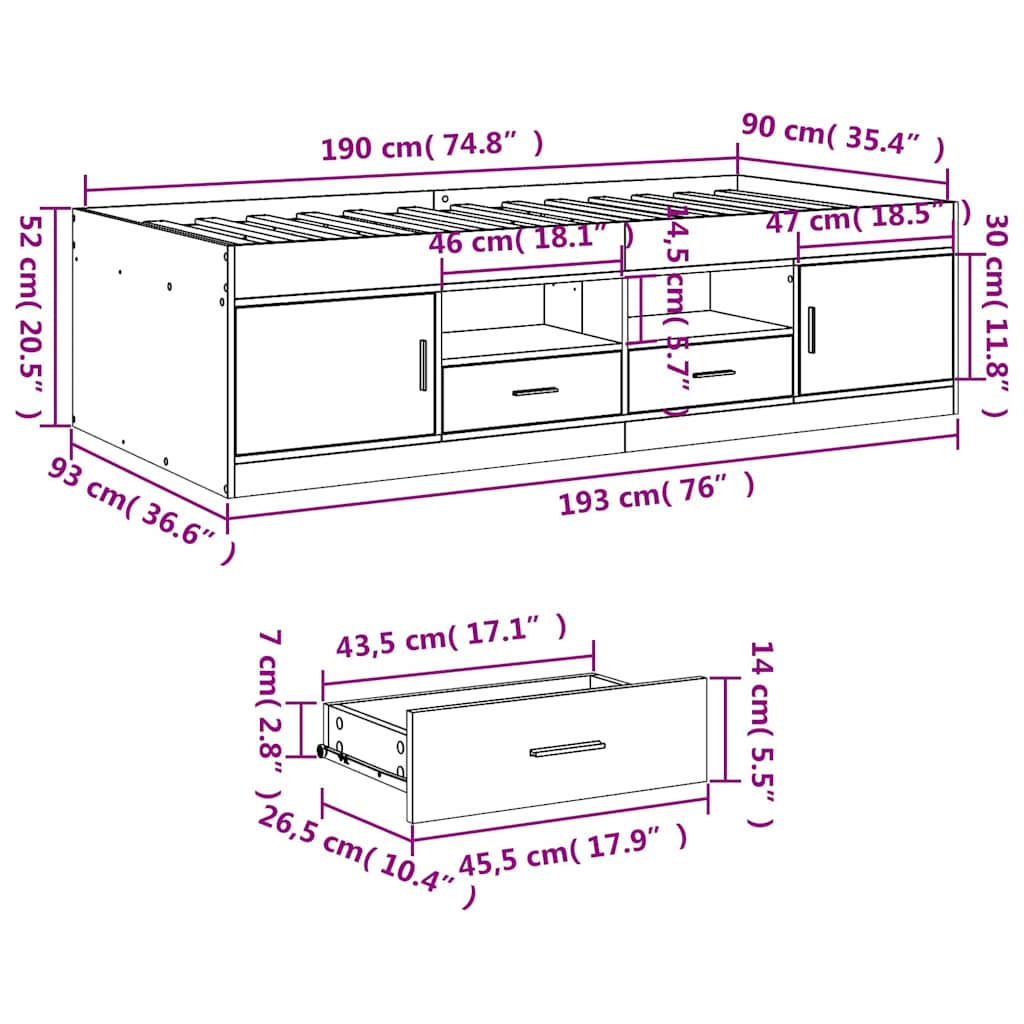 Daybed with Drawers without Mattress Smoked Oak 90x190 cm Single