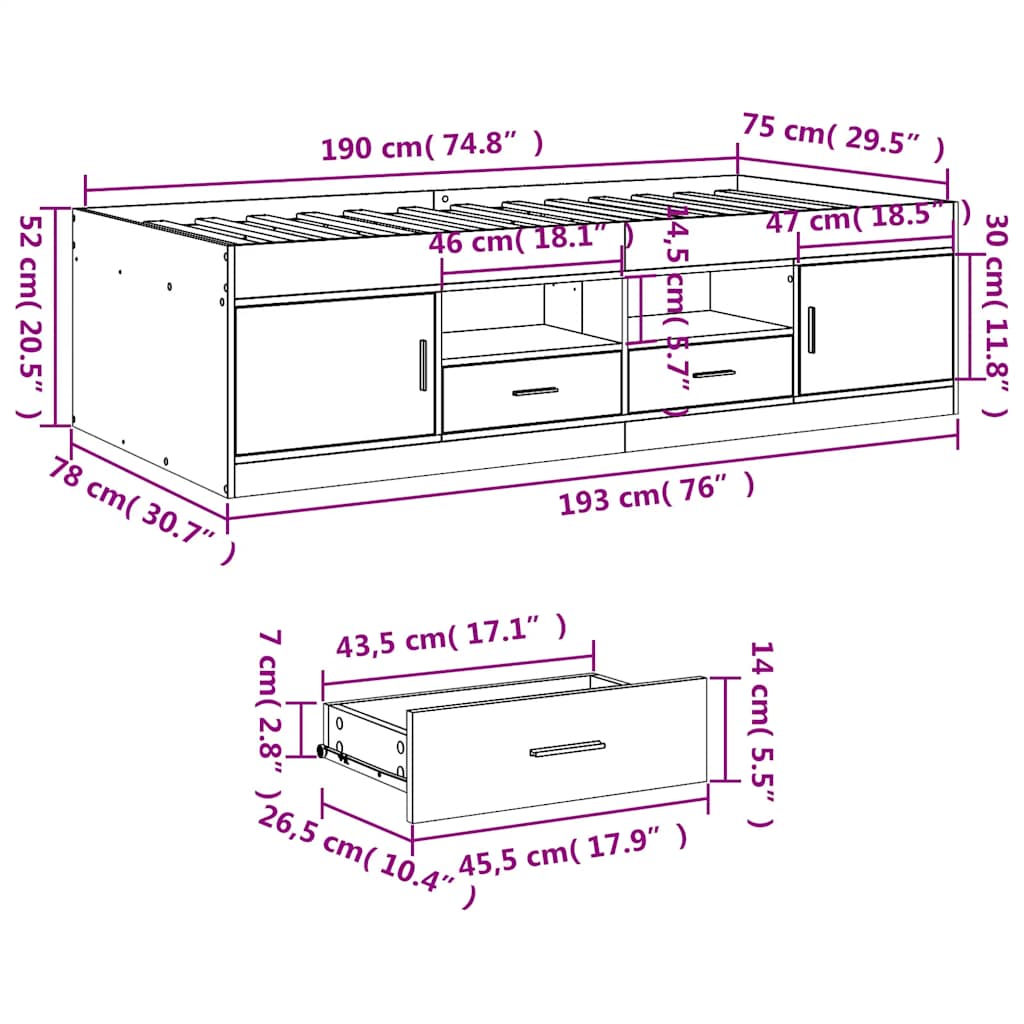 Daybed with Drawers without Mattress Concrete Grey 75x190 cm Small Single