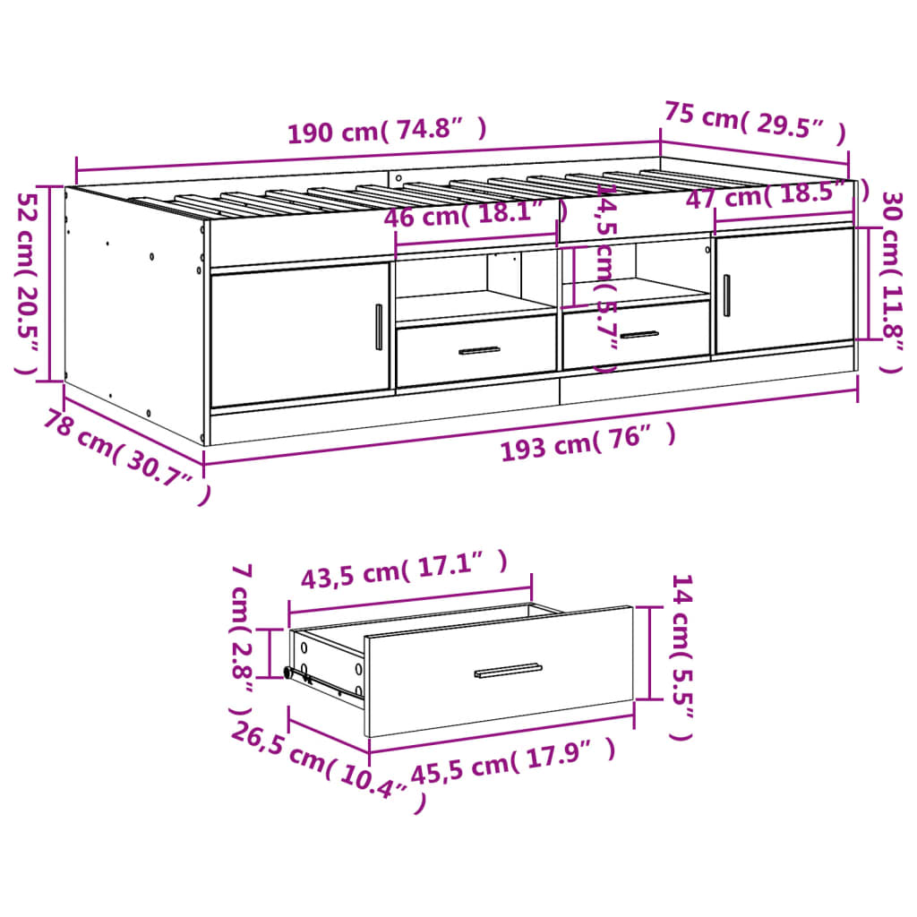 Daybed with Drawers without Mattress Grey Sonoma 75x190 cm Small Single