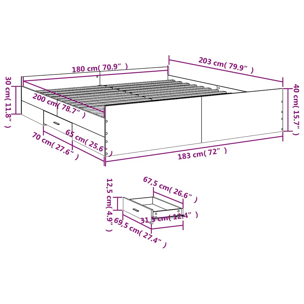 Bed Frame with Drawers without Mattress Grey Sonoma 180x200 cm Super King