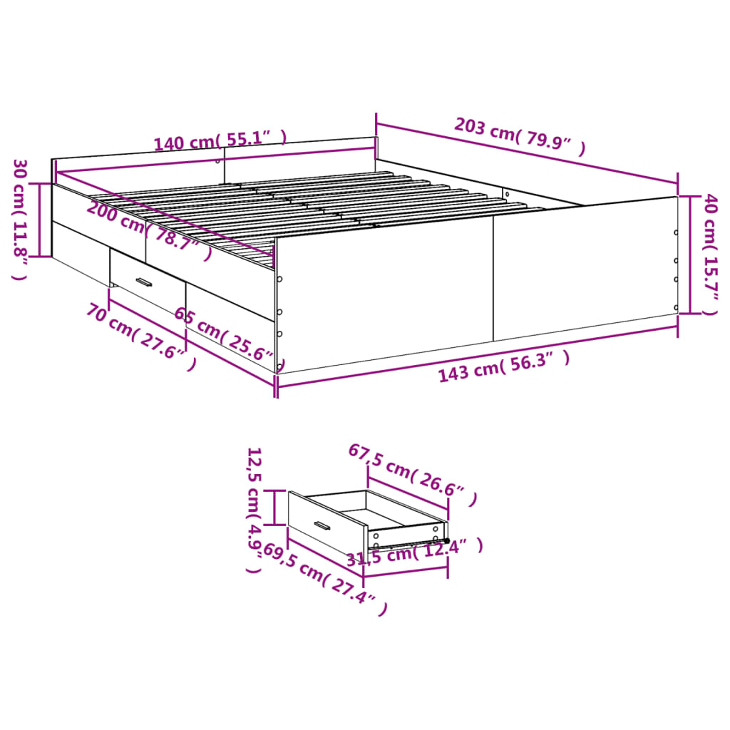 Bed Frame with Drawers without Mattress Grey Sonoma 140x200 cm