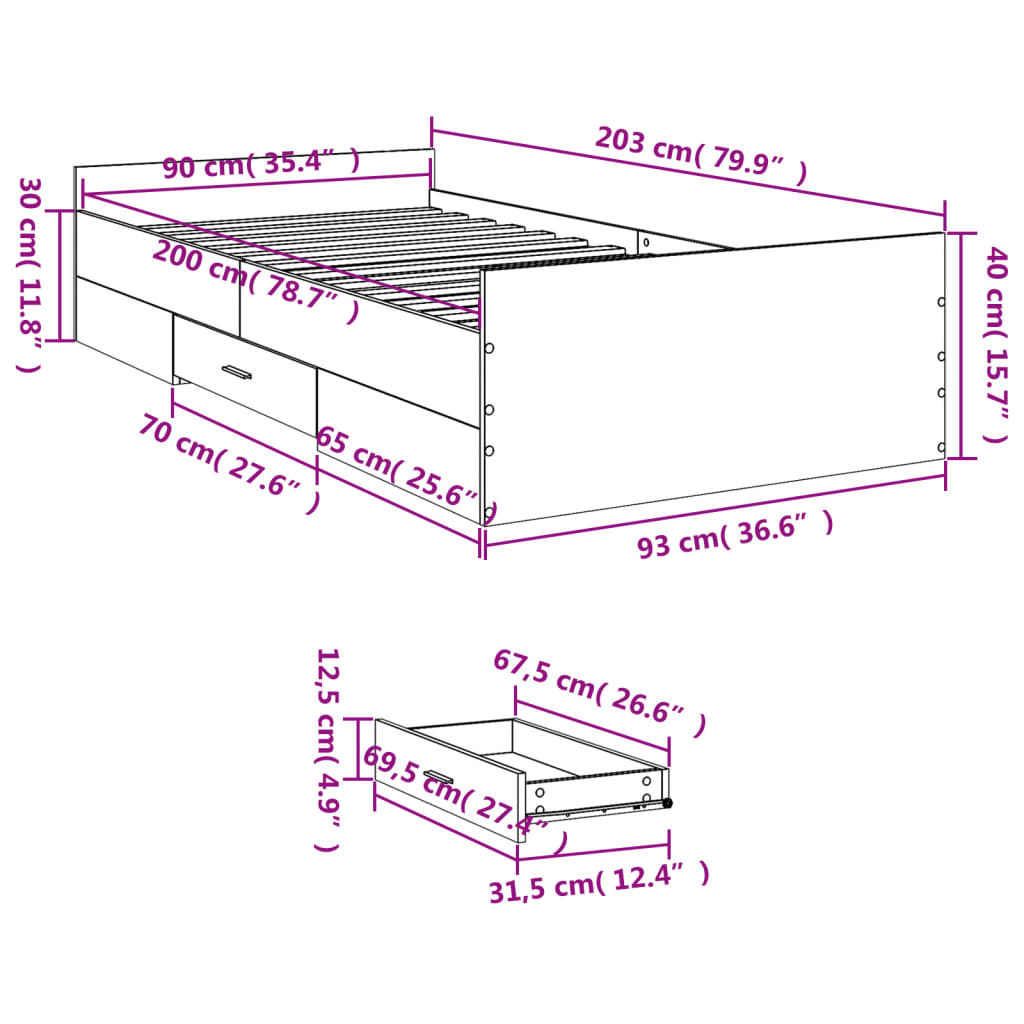 Bed Frame with Drawers without Mattress Sonoma Oak 90x200 cm