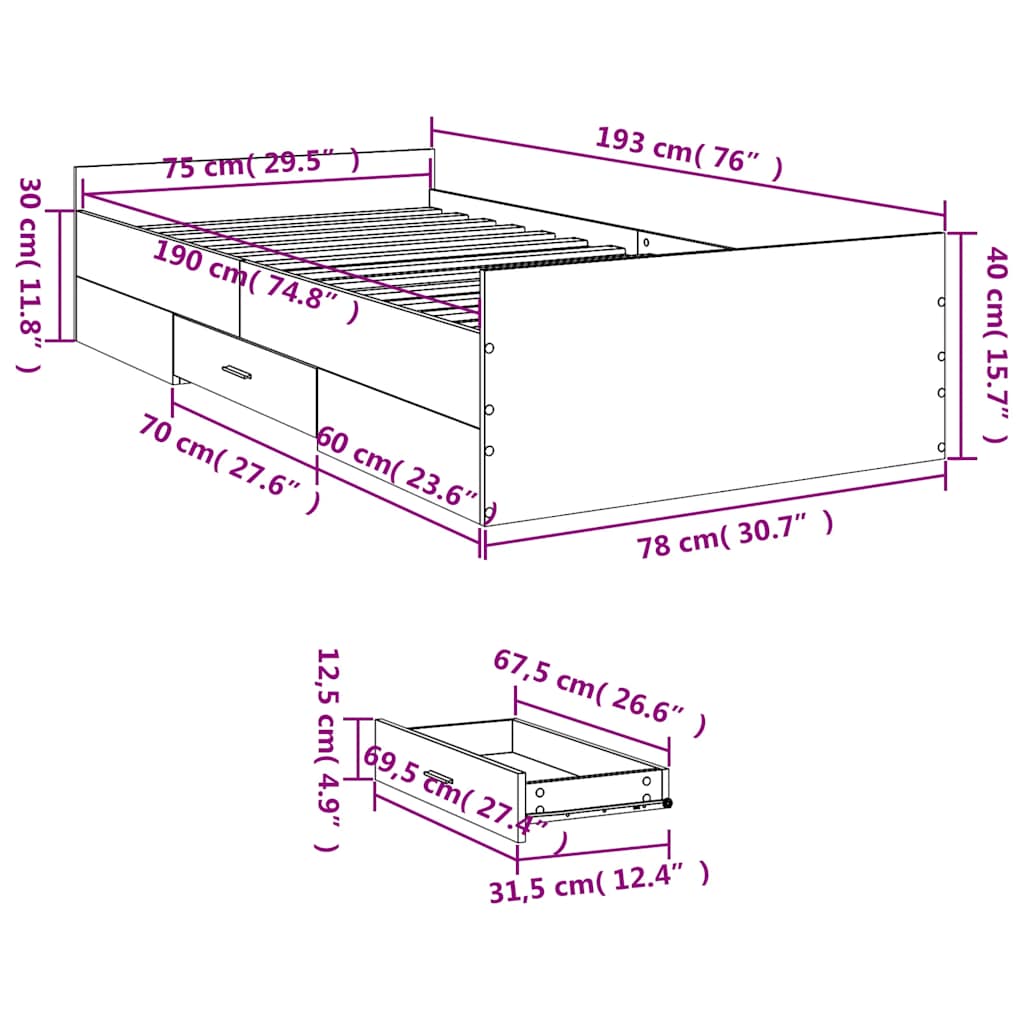 Bed Frame with Drawers without Mattress Grey Sonoma 75x190 cm Small Single