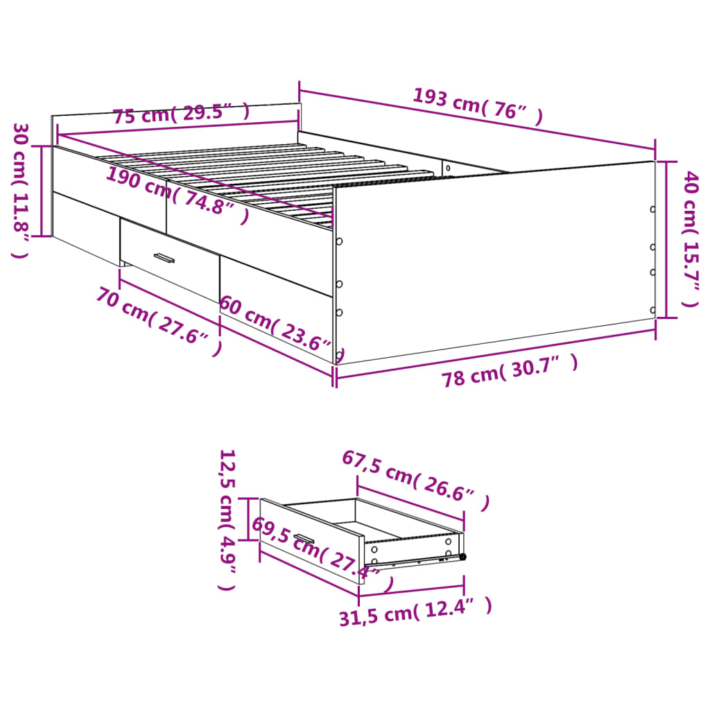 Bed Frame with Drawers without Mattress Brown Oak 75x190 cm Small Single