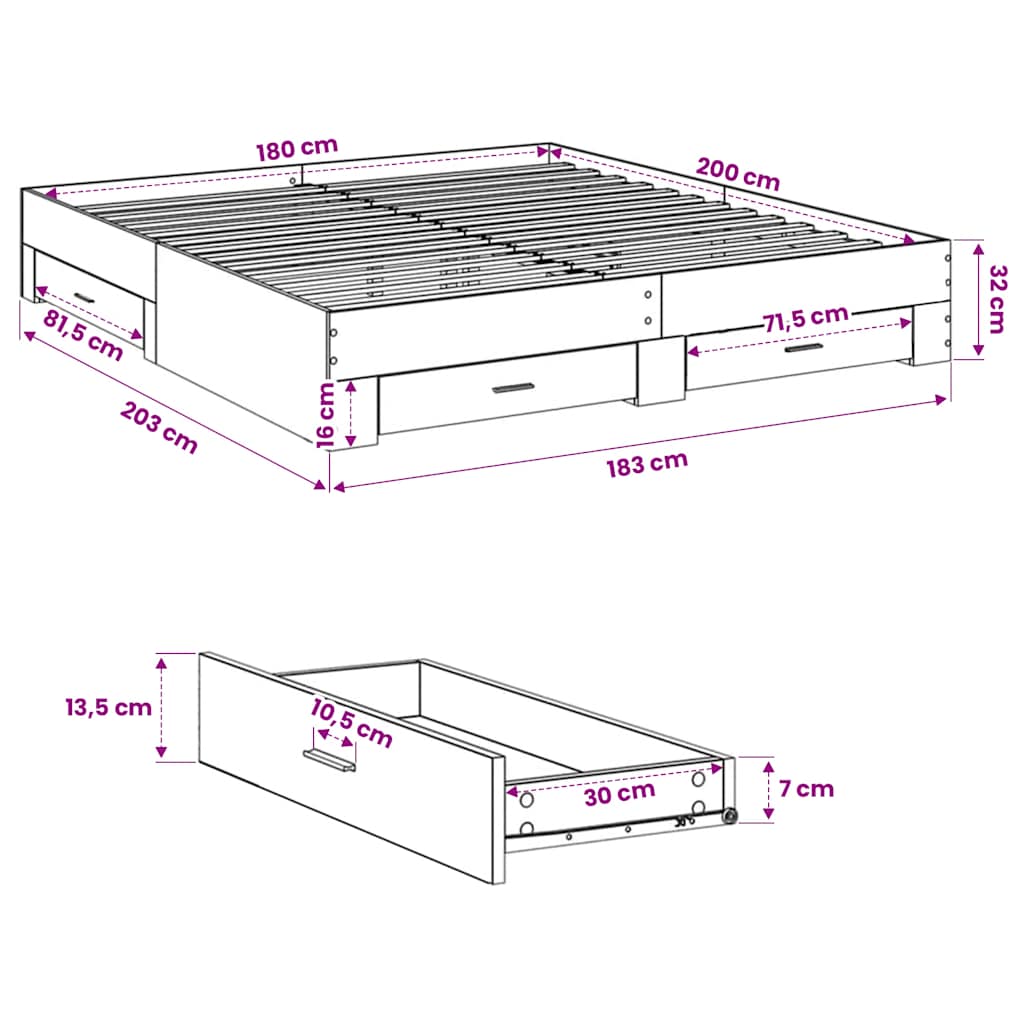 Bed Frame with Drawers without Mattress White 180x200 cm Super King