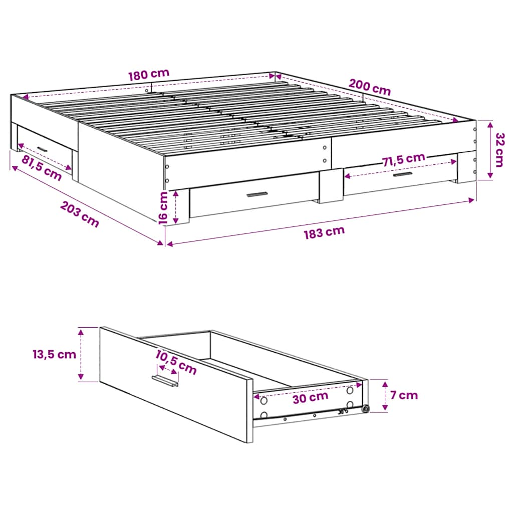Bed Frame with Drawers without Mattress Concrete Grey 180x200 cm Super King