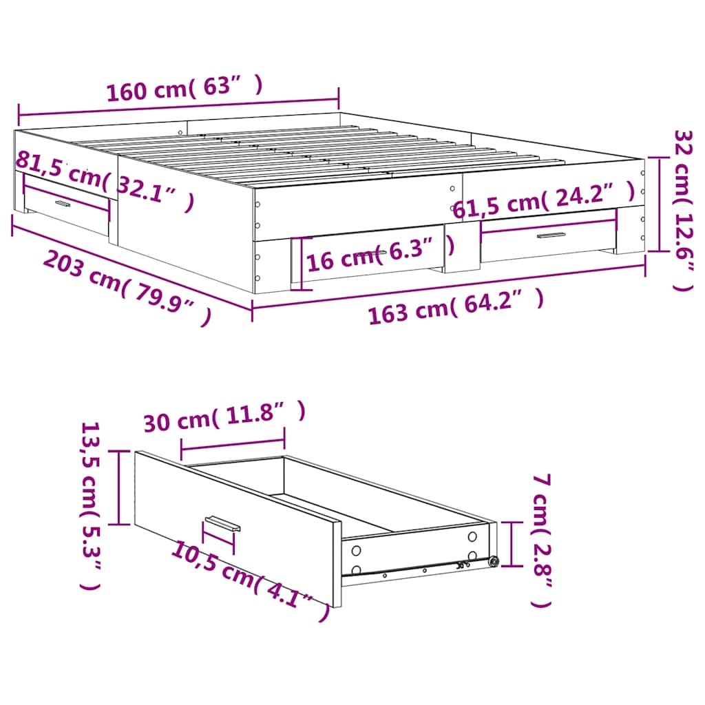 Bed Frame with Drawers without Mattress Smoked Oak 160x200 cm