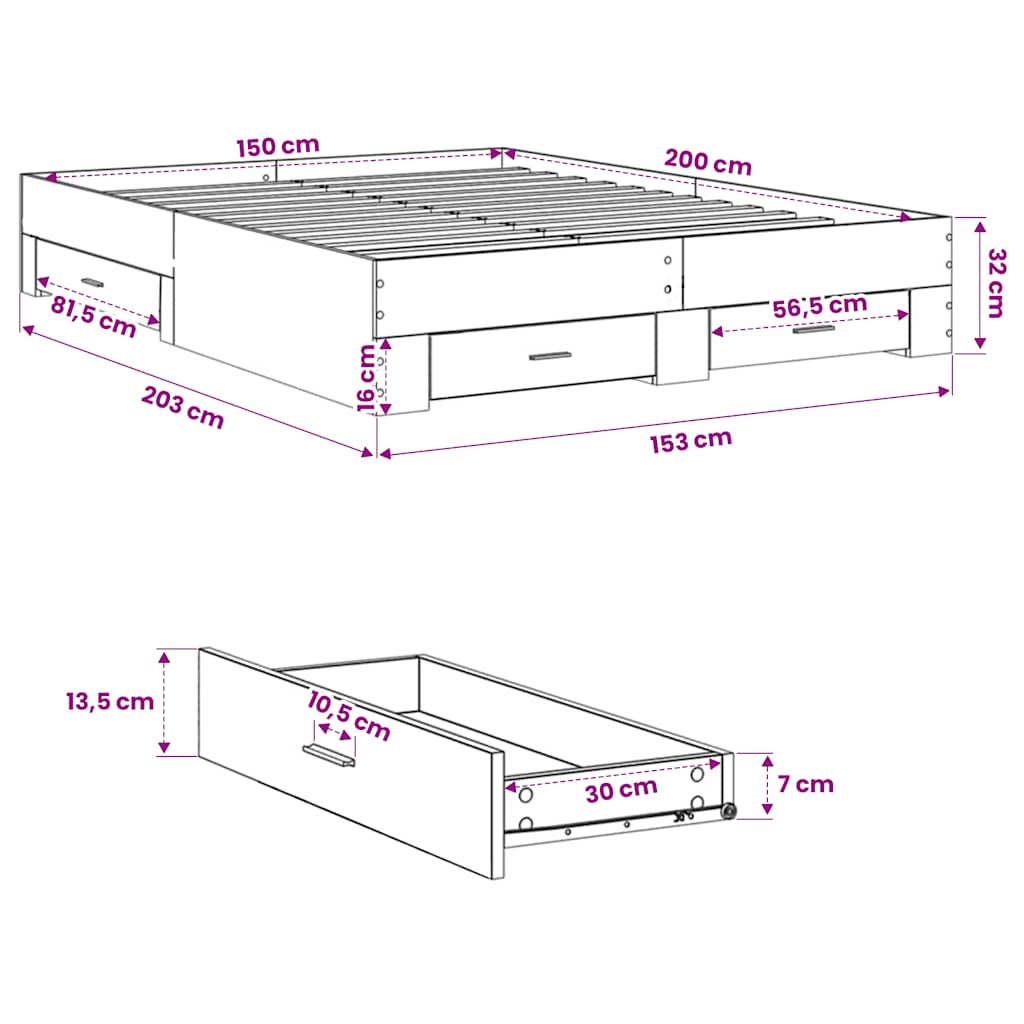 Bed Frame with Drawers without Mattress White 150x200 cm King Size