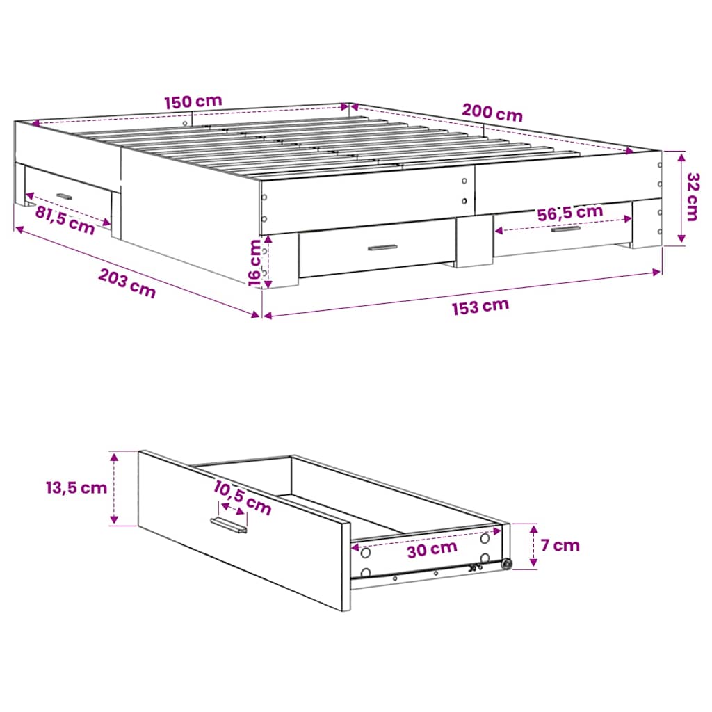 Bed Frame with Drawers without Mattress Sonoma Oak 150x200 cm King Size