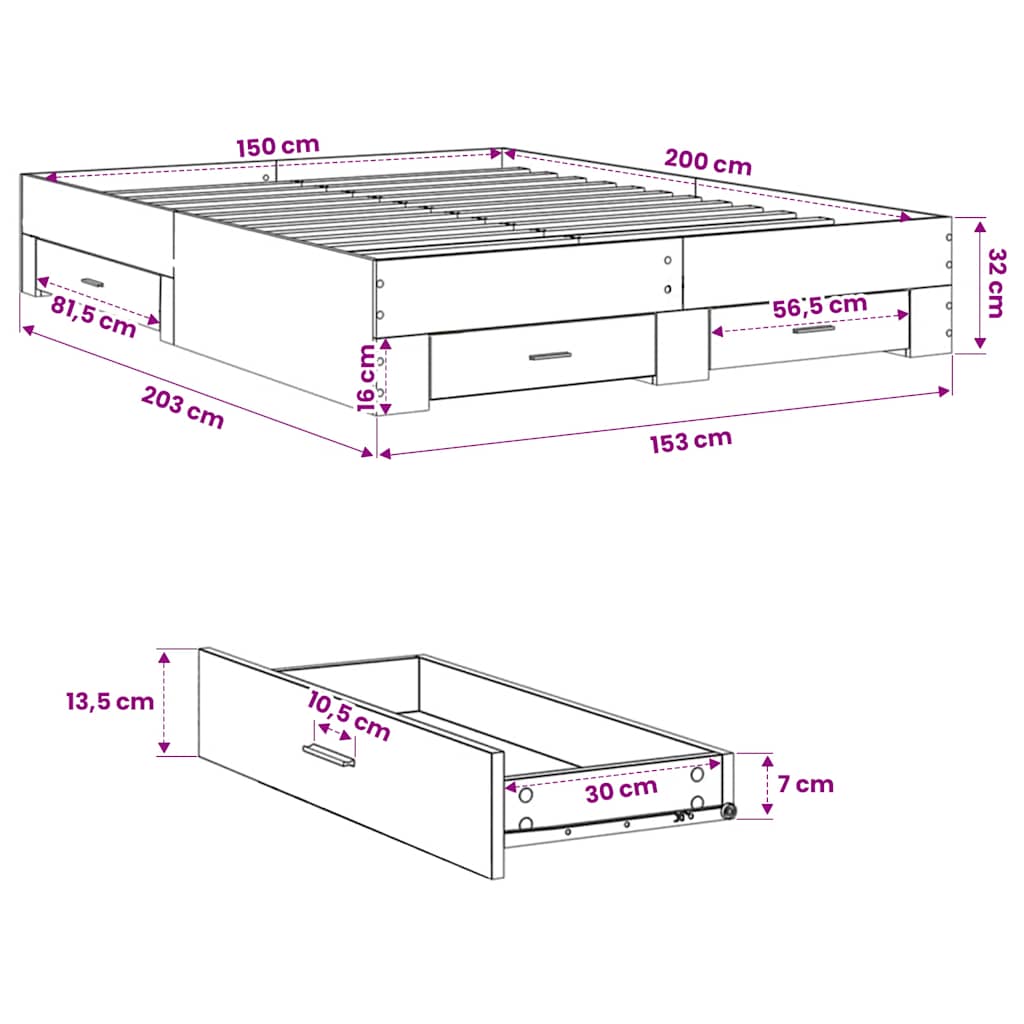 Bed Frame with Drawers without Mattress Concrete Grey 150x200 cm King Size