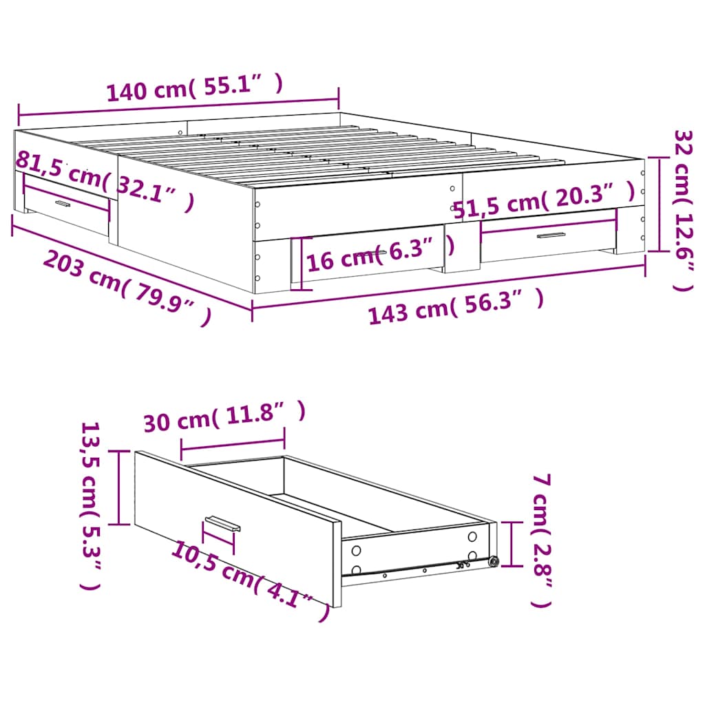 Bed Frame with Drawers without Mattress Concrete Grey 140x200 cm