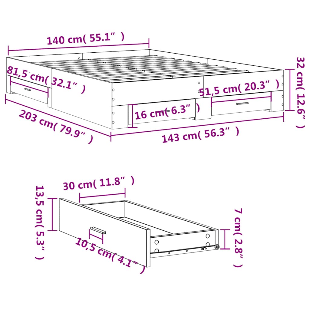 Bed Frame with Drawers without Mattress Smoked Oak 140x200 cm