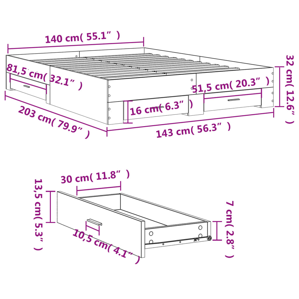 Bed Frame with Drawers without Mattress Grey Sonoma 140x200 cm