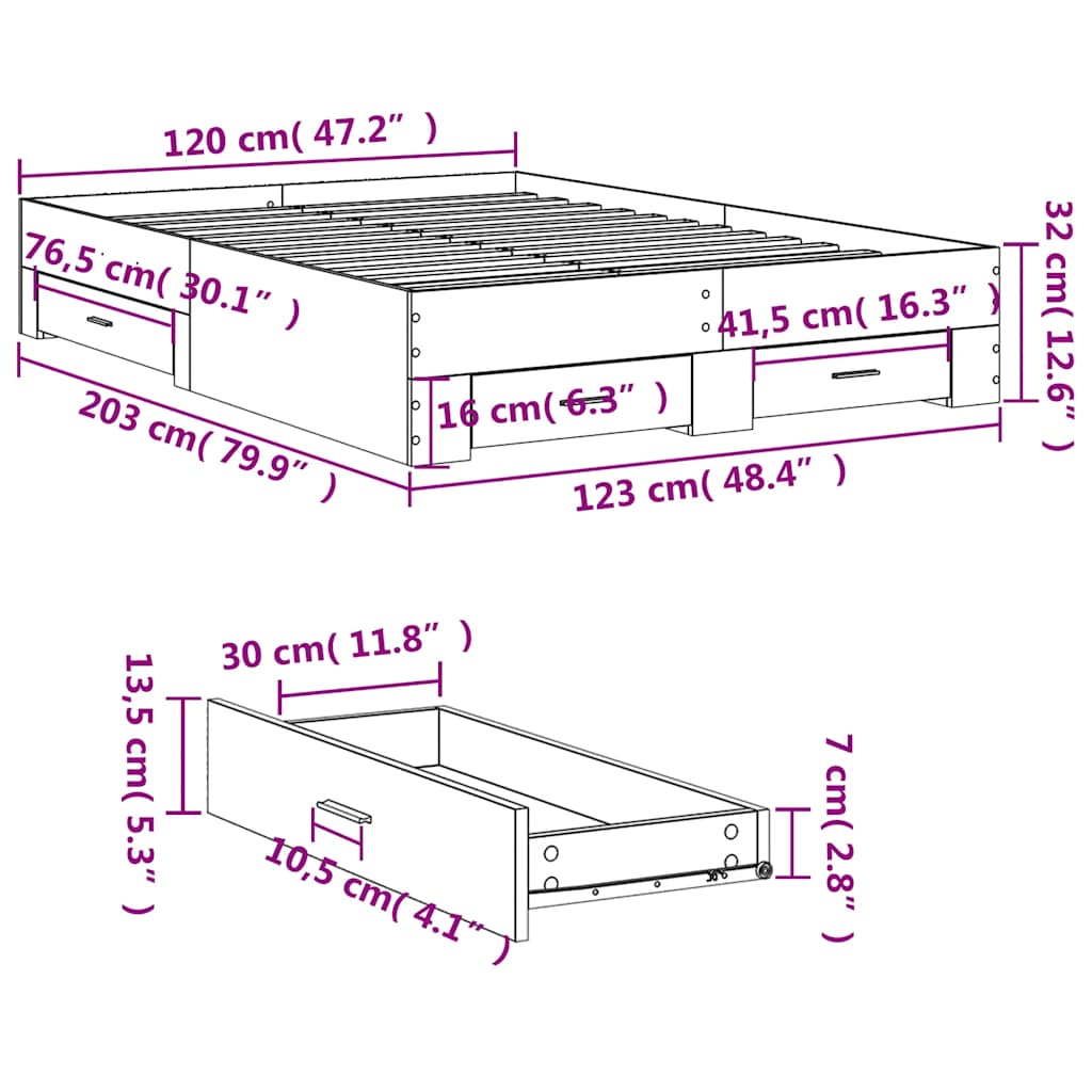Bed Frame with Drawers without Mattress Grey Sonoma 120x200 cm